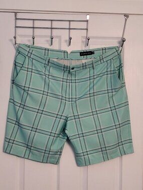 Dunning Men's Mint Green Plaid Golf Performance stretch Casual Shorts-40"Waist